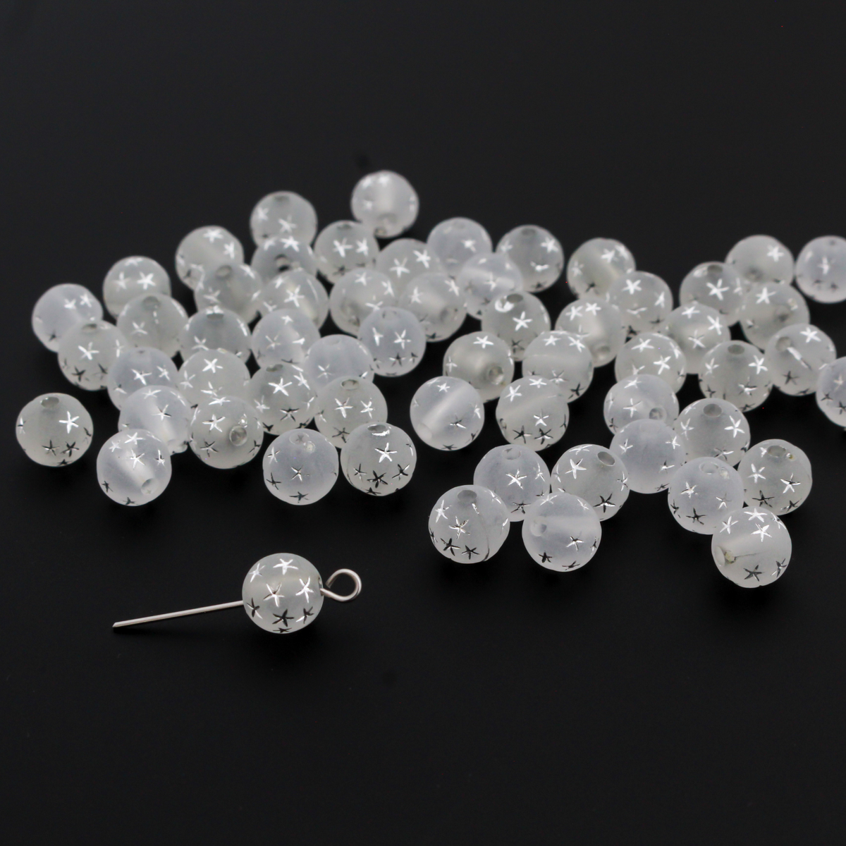 7mm White Frosted Transparent Acrylic Beads with Silver Stars - Celestial Queen of Heaven Rosary Beads, 60pcs