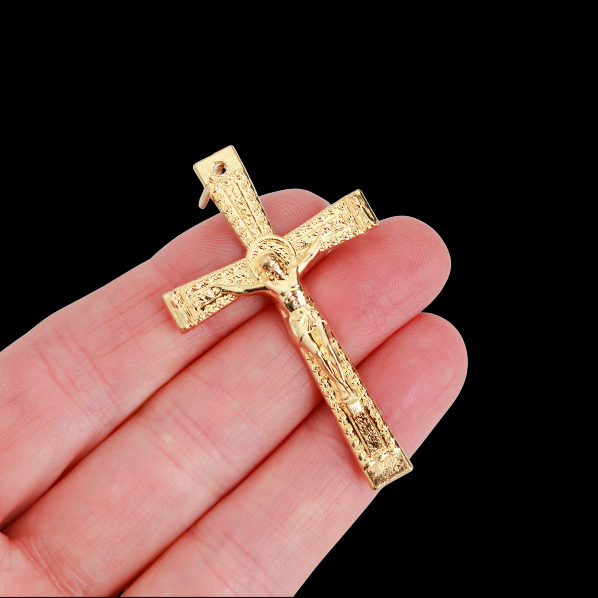 Gold Textured Crucifix Cross with Angels on Each End 2" Long