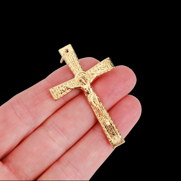 Gold Textured Crucifix Cross with Angels on Each End 2" Long