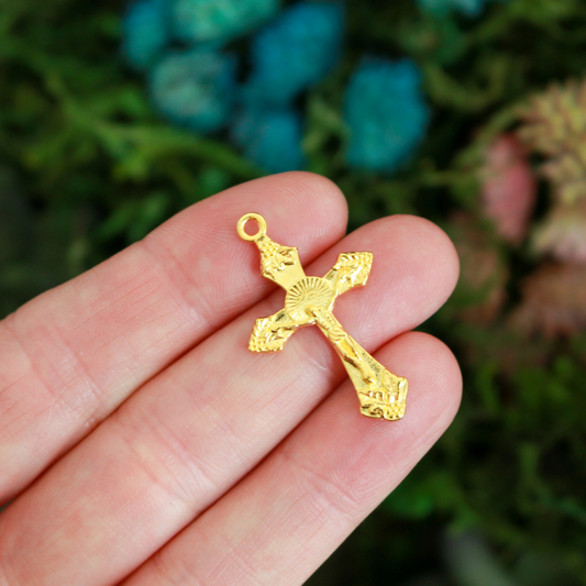Shiny Gold Crucifix Crosses with Grapes and Leaves Detail, 32mm Long - 10pcs