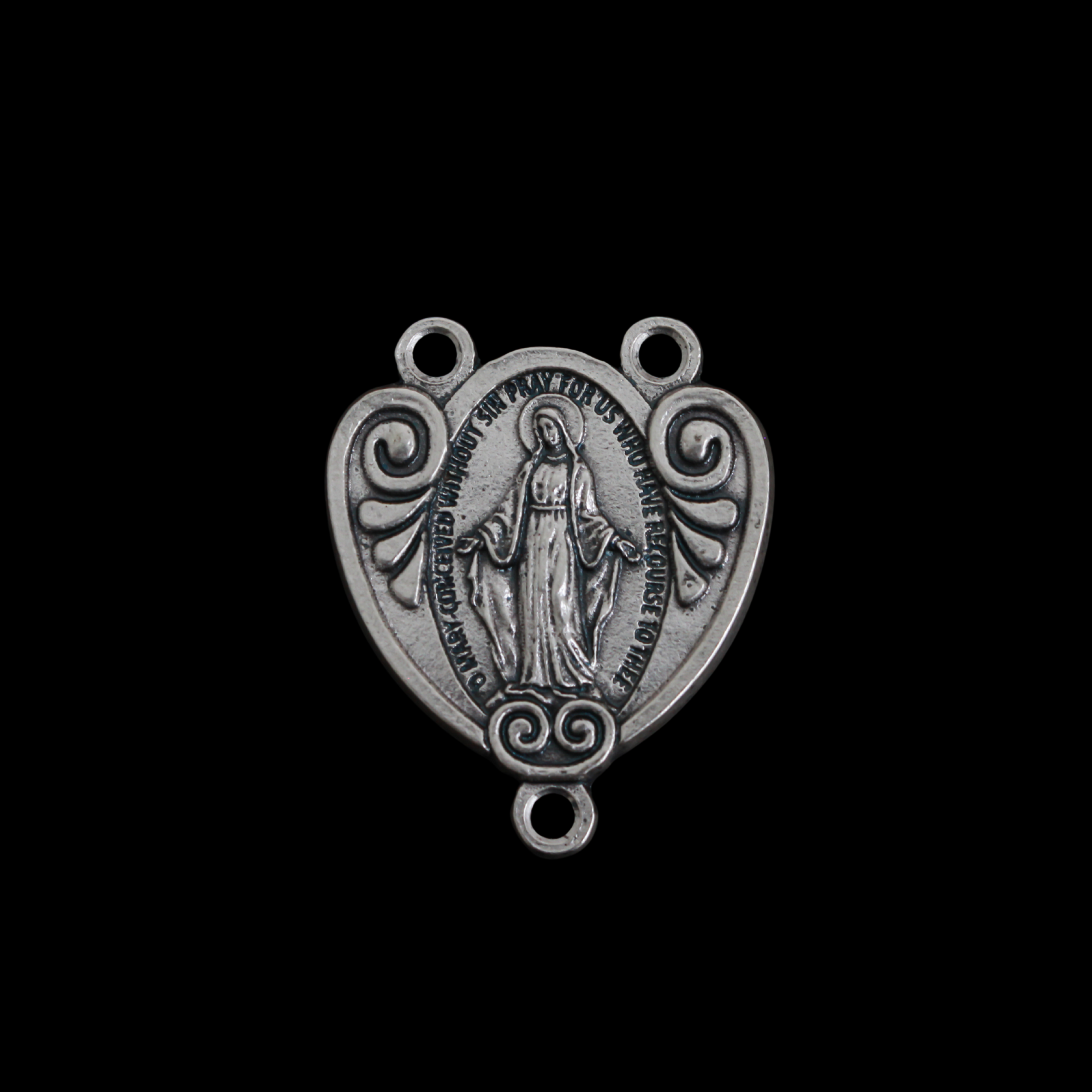 Silver Miraculous Medal Rosary Centerpiece that is Heart-Shaped with Ornate Scrollwork, English Inscription