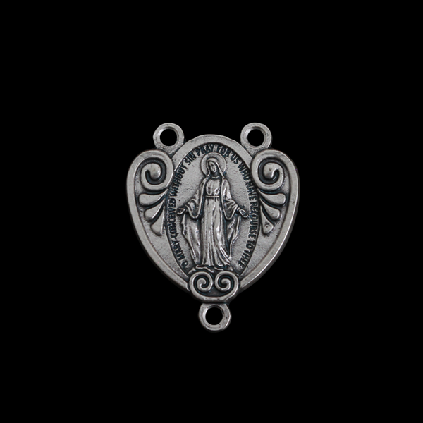 Silver Miraculous Medal Rosary Centerpiece that is Heart-Shaped with Ornate Scrollwork, English Inscription