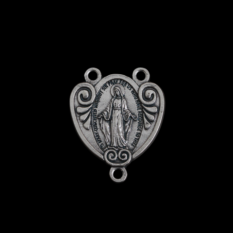 Silver Miraculous Medal Rosary Centerpiece that is Heart-Shaped with Ornate Scrollwork, English Inscription