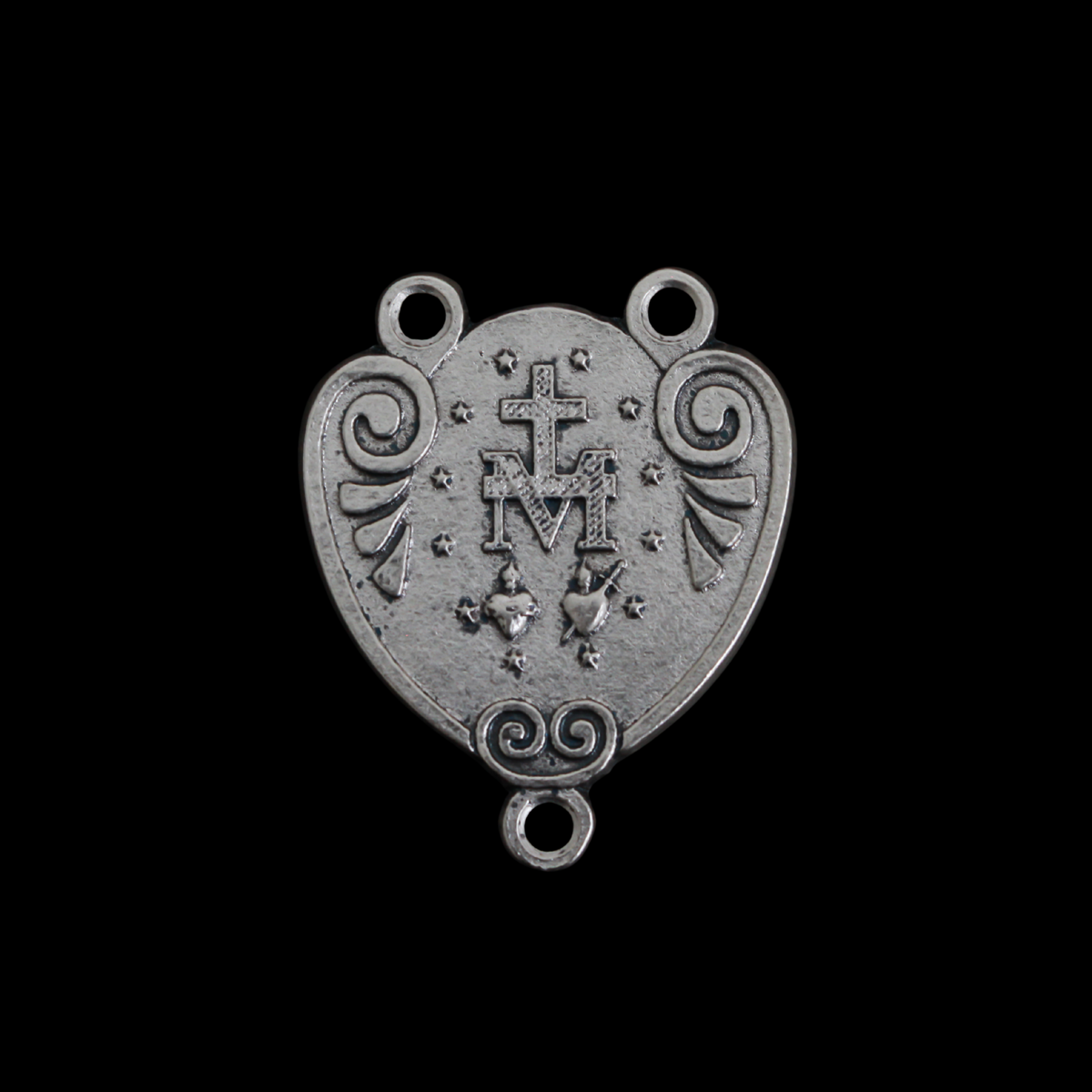 Silver Miraculous Medal Rosary Centerpiece that is Heart-Shaped with Ornate Scrollwork, English Inscription