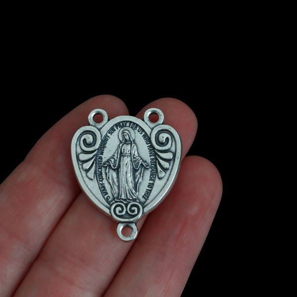 Silver Miraculous Medal Rosary Centerpiece that is Heart-Shaped with Ornate Scrollwork, English Inscription