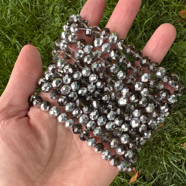 Smokey Grey Electroplate Glass Beads - Pearl Luster Faceted Rondelles, 8x6mm - 1 Strand approx. 68 beads