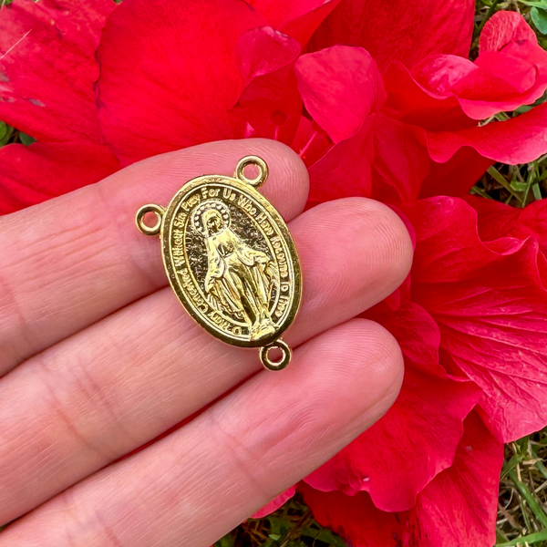 Gold Miraculous Medal Rosary Centerpiece - Handcrafted in Italy with English Inscription