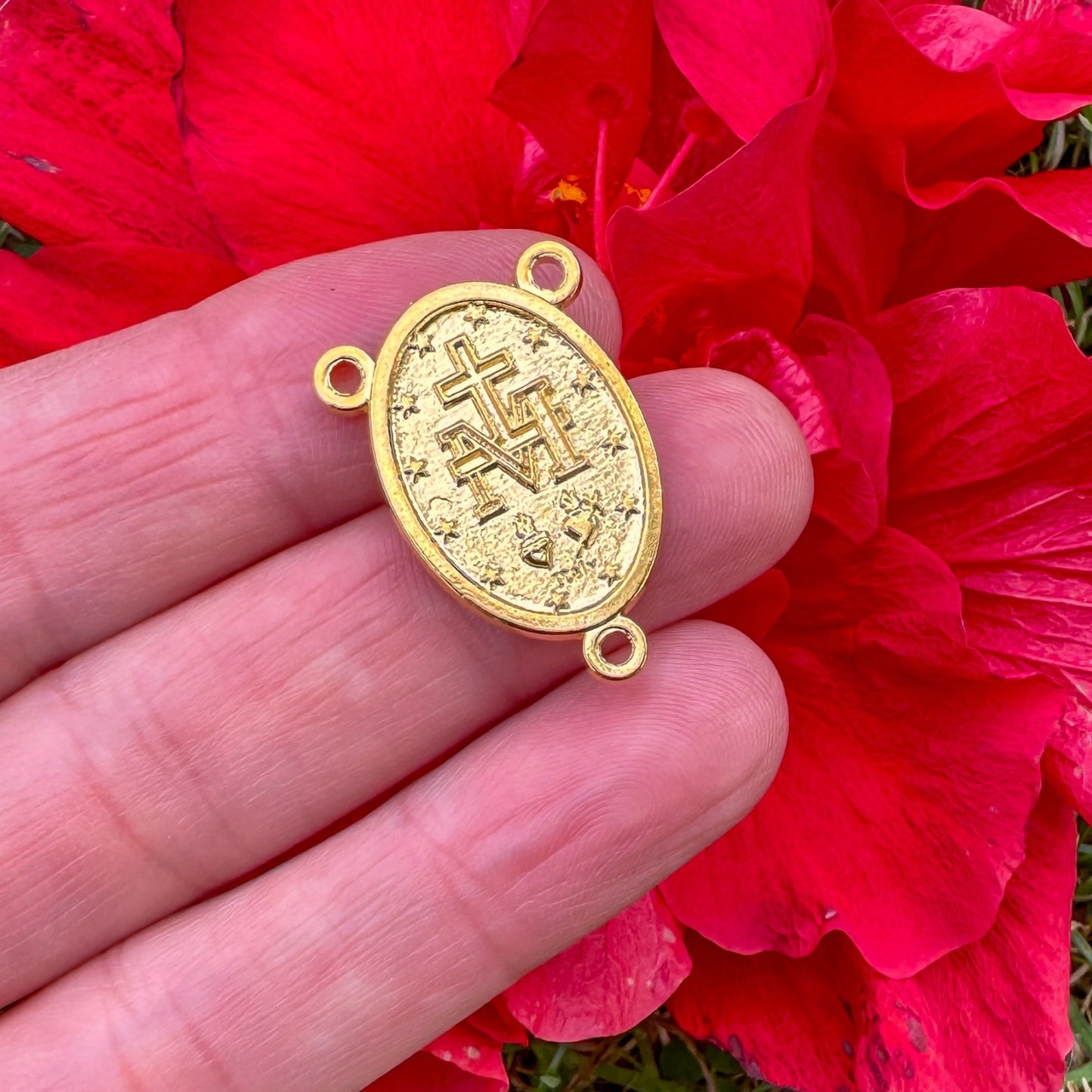 Gold Miraculous Medal Rosary Centerpiece - Handcrafted in Italy with English Inscription