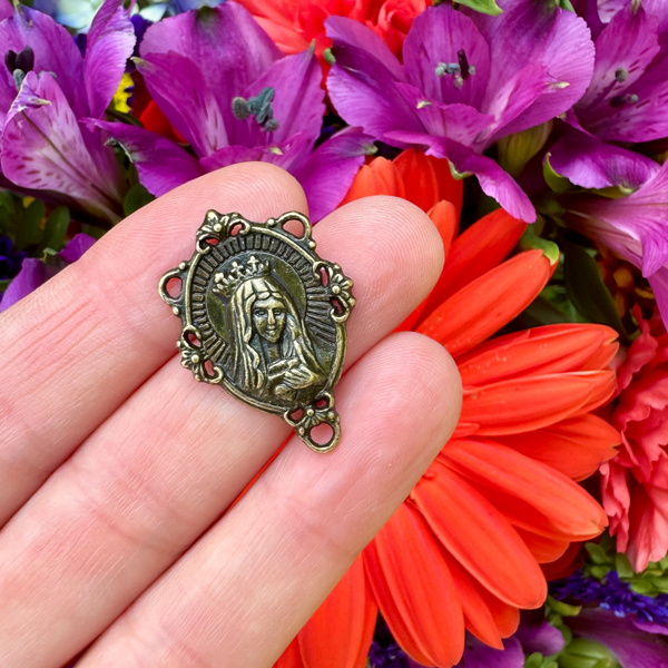 Bronze Tone Virgin Mary Rosary Centerpieces - Immaculate Heart of Mary Pray For Us 5pcs