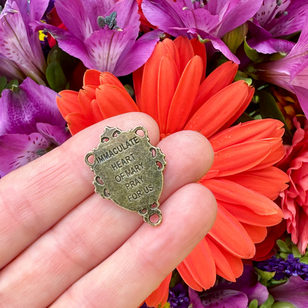 Bronze Tone Virgin Mary Rosary Centerpieces - Immaculate Heart of Mary Pray For Us 5pcs