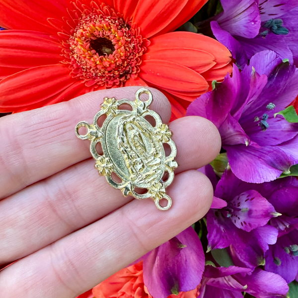 Gold Our Lady of Lourdes Rosary Centerpiece with Filigree Flower Design