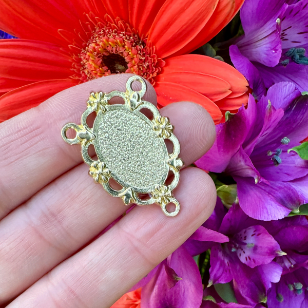 Gold Our Lady of Lourdes Rosary Centerpiece with Filigree Flower Design