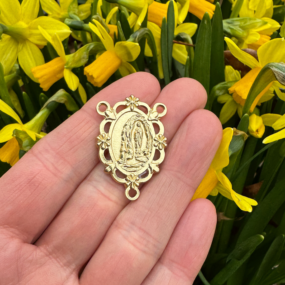 Gold Our Lady of Lourdes Rosary Centerpiece with Filigree Flower Design
