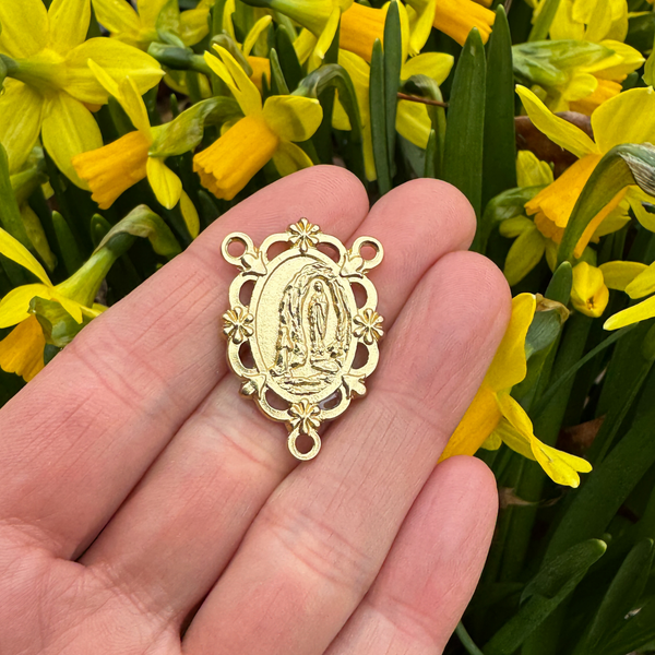 Gold Our Lady of Lourdes Rosary Centerpiece with Filigree Flower Design