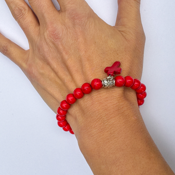 Red Beaded Stretch Bracelet with Cross Charm and Attached Bail Link to add on Pendants