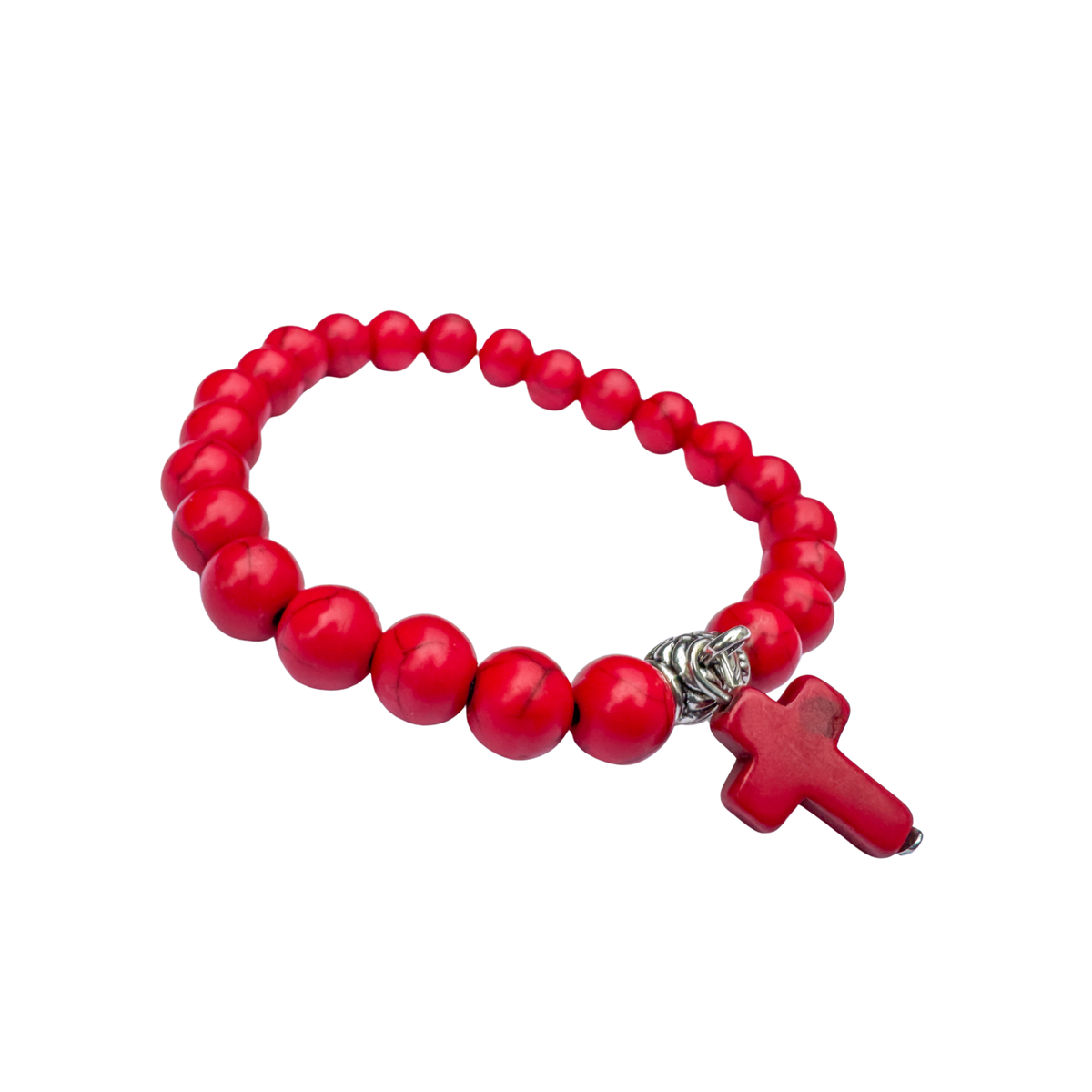 Red Beaded Stretch Bracelet with Cross Charm and Attached Bail Link to add on Pendants