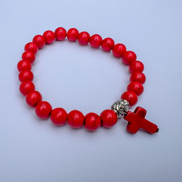 Red Beaded Stretch Bracelet with Cross Charm and Attached Bail Link to add on Pendants