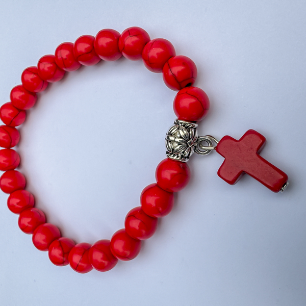 Red Beaded Stretch Bracelet with Cross Charm and Attached Bail Link to add on Pendants