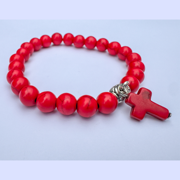 Red Beaded Stretch Bracelet with Cross Charm and Attached Bail Link to add on Pendants