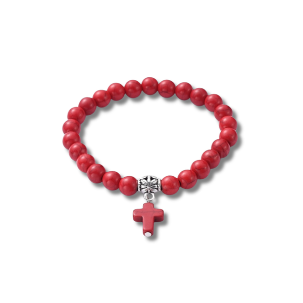 Red Beaded Stretch Bracelet with Cross Charm and Attached Bail Link to add on Pendants