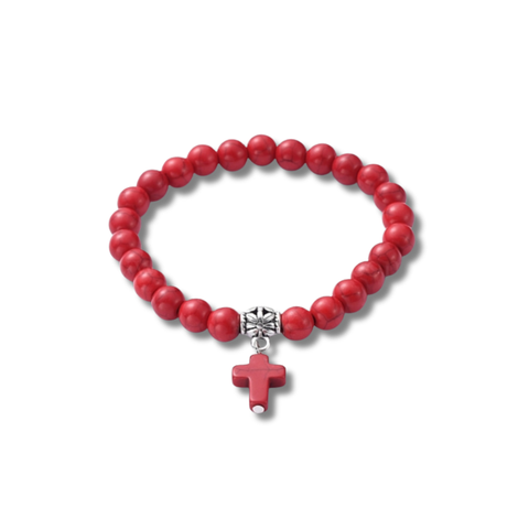 Red Beaded Stretch Bracelet with Cross Charm and Attached Bail Link to add on Pendants