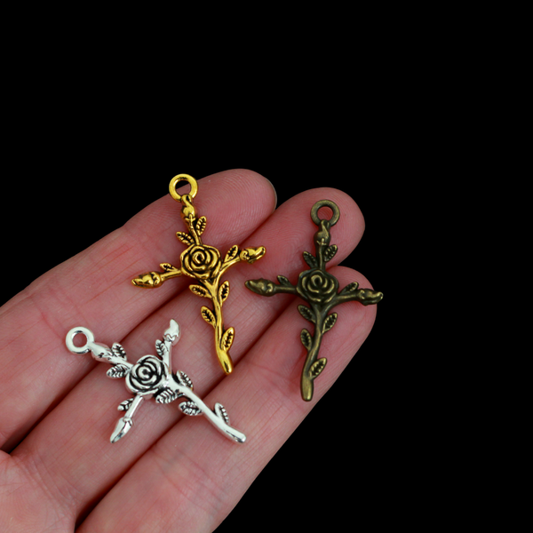 Rose Cross Charms Available in Antique Silver, Gold, Bronze 35mm x 24mm, 25pcs