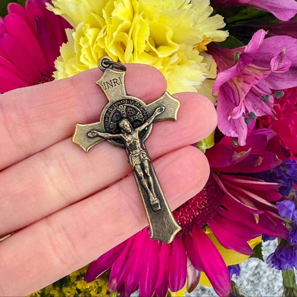 Bronze St. Benedict Rosary Crucifix Cross with Flared Edges 2-1/8" Long