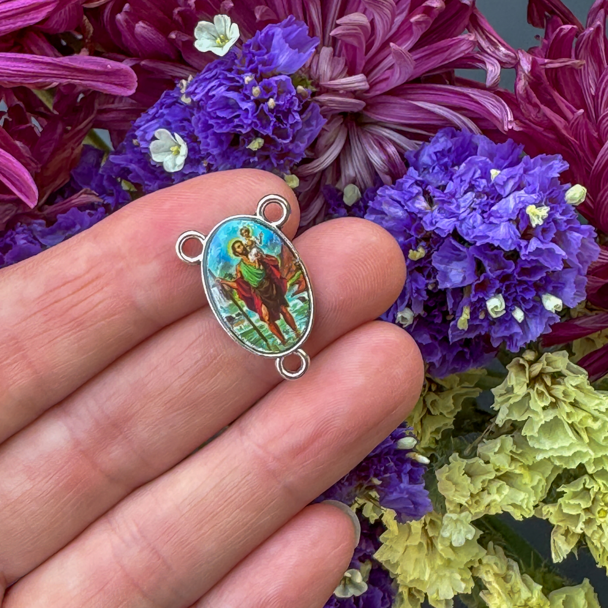 Saint Christopher Rosary Centerpiece - 23mm Double-Sided Color Image with 3 Loop Chandelier Connectors for DIY Rosaries