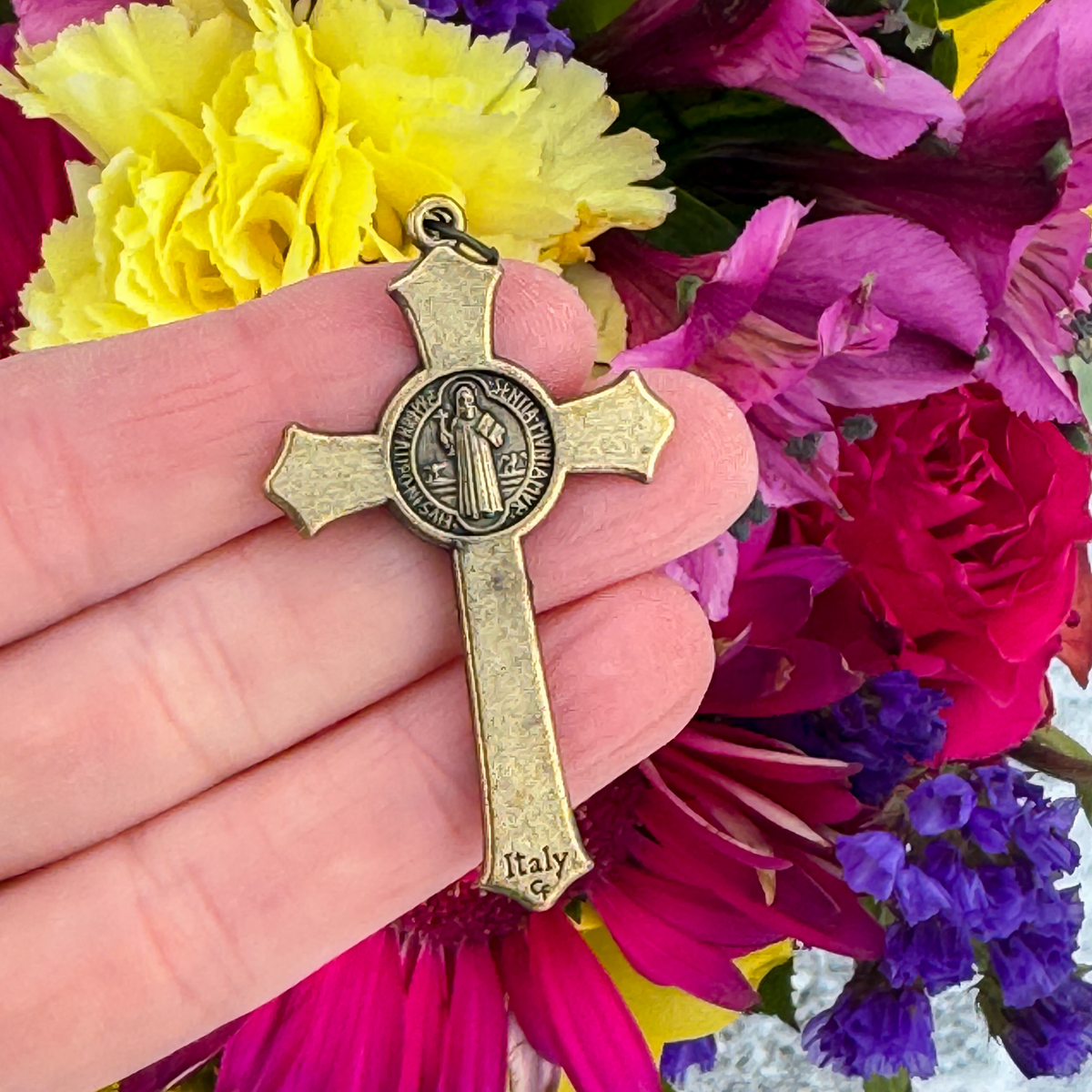 Bronze St. Benedict Rosary Crucifix Cross with Flared Edges 2-1/8" Long