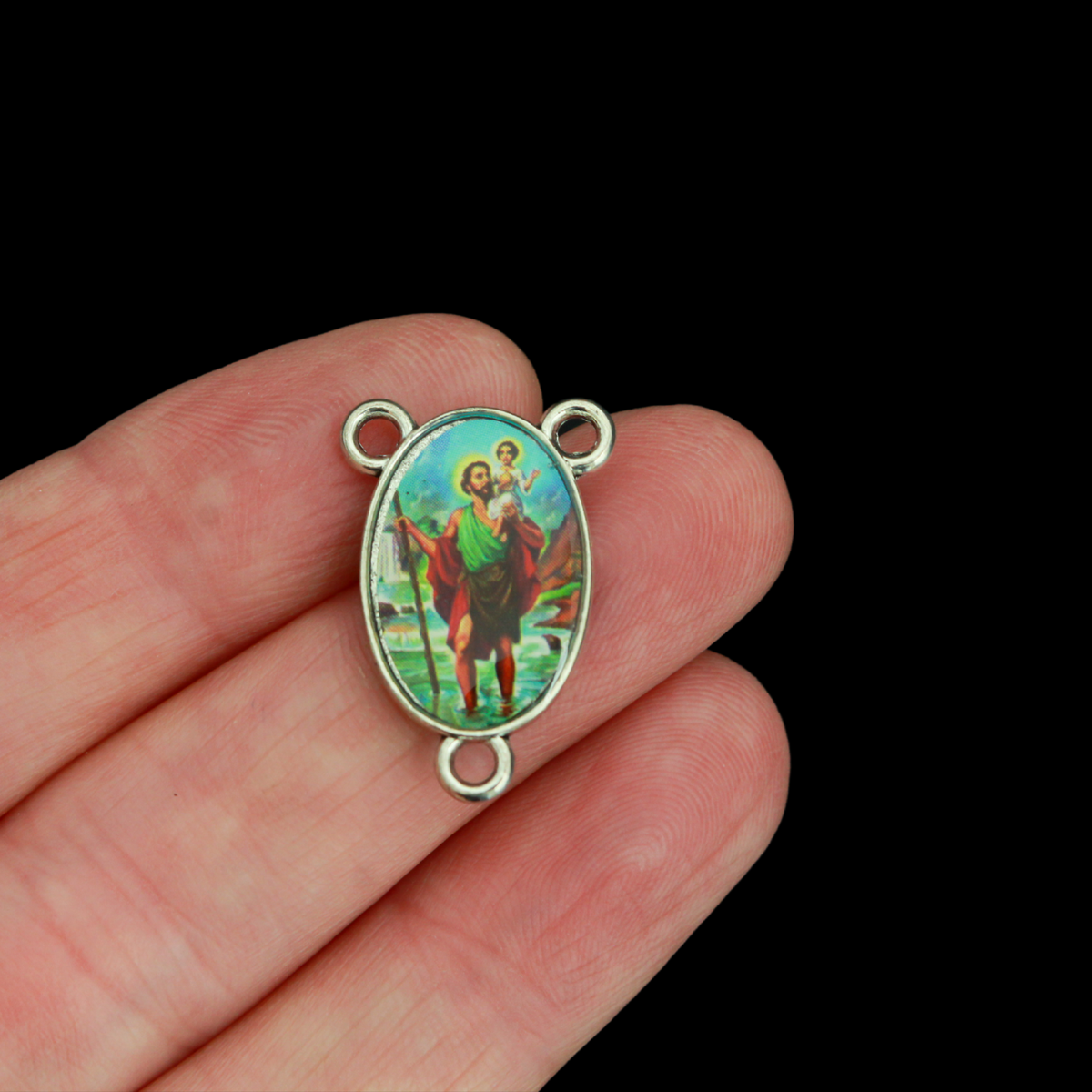 Saint Christopher Rosary Centerpiece - 23mm Double-Sided Color Image with 3 Loop Chandelier Connectors for DIY Rosaries