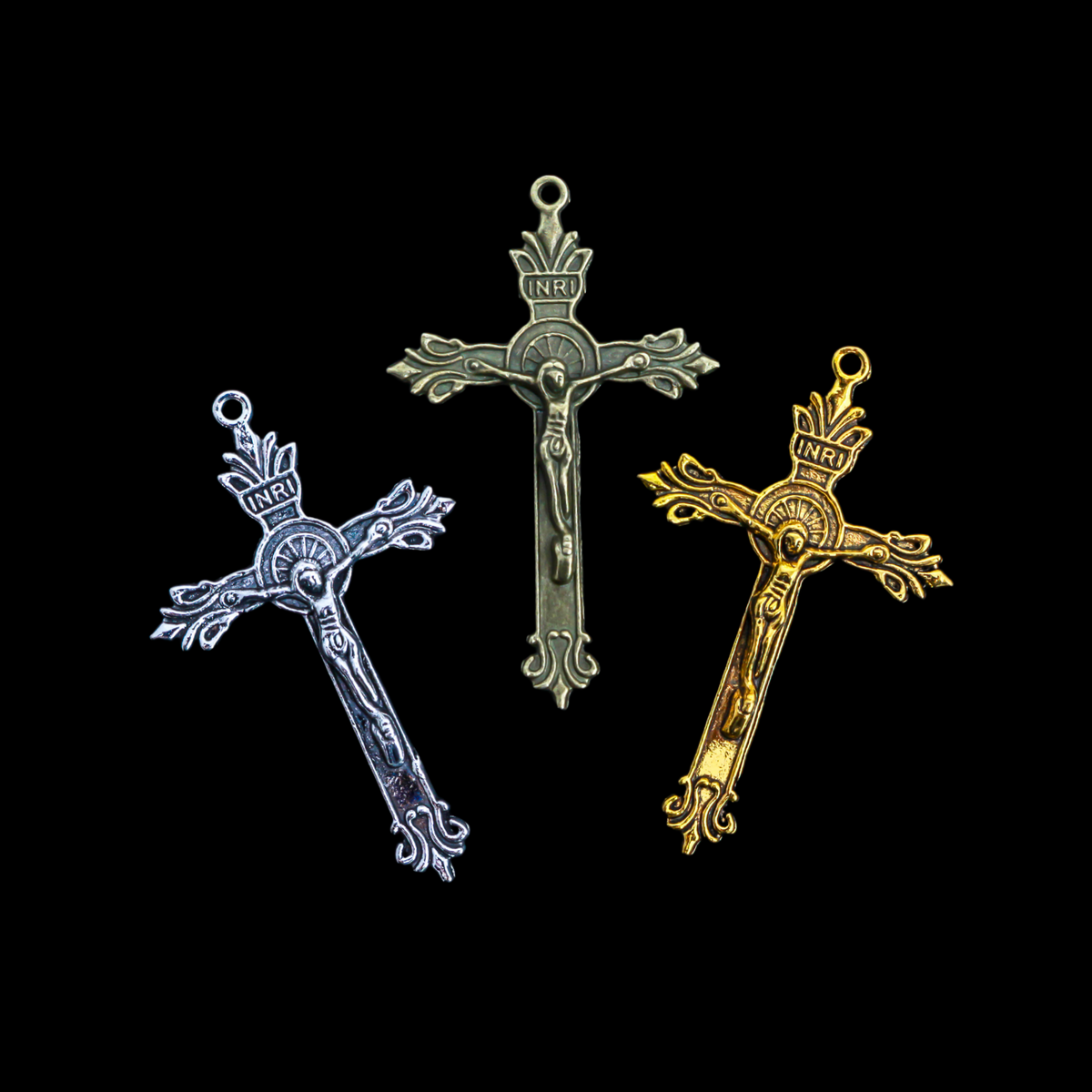 Ornate Crucifix Crosses Double Sided, 50mm Long - Available in Antique Silver, Bronze, Gold - Sold in packs of 5pcs