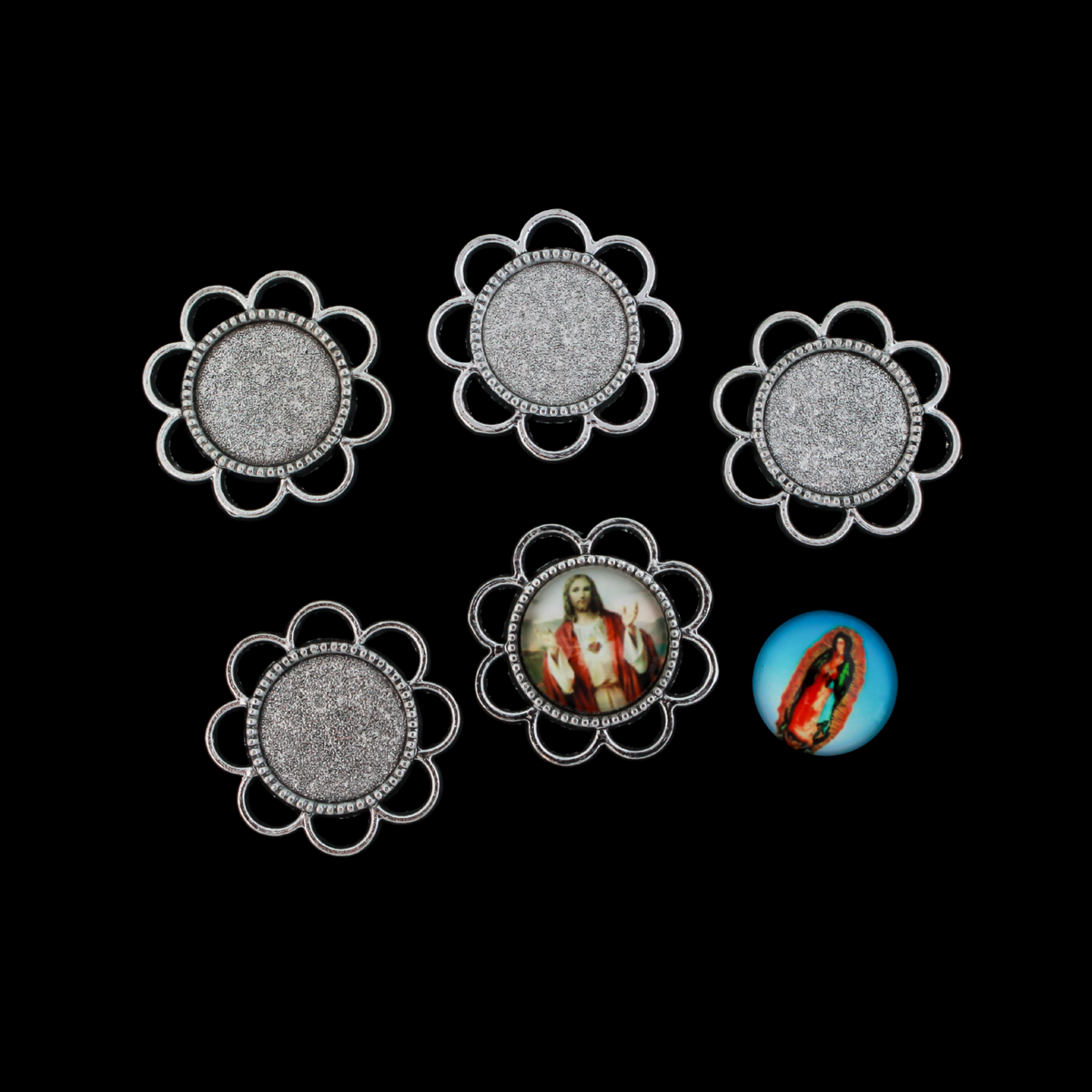Antique Silver Flower Cabochon Settings, 5pcs - 14mm Bezel Tray with 8 Connector Loops for DIY Rosaries & Jewelry