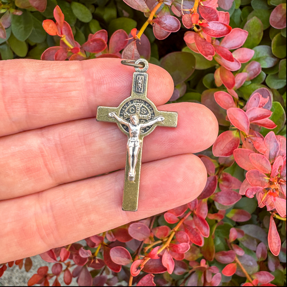 Two Tone Bronze and Silver St Benedict Crucifix Pendant, 2.5mm thick x 40mm long