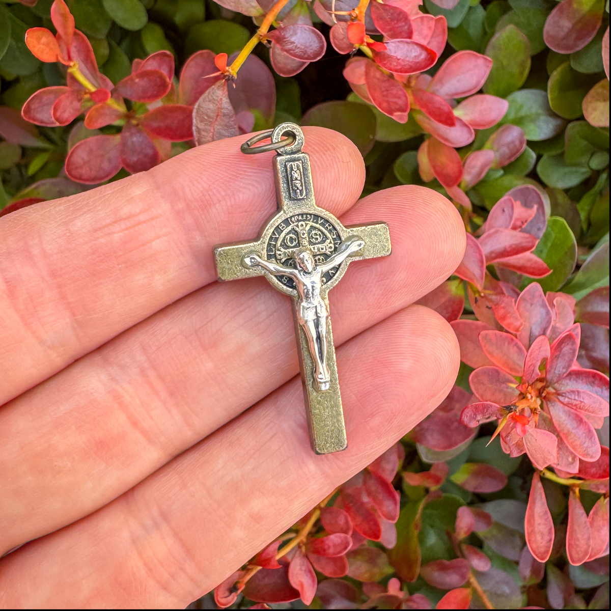 Two Tone Bronze and Silver St Benedict Crucifix Pendant, 2.5mm thick x 40mm long