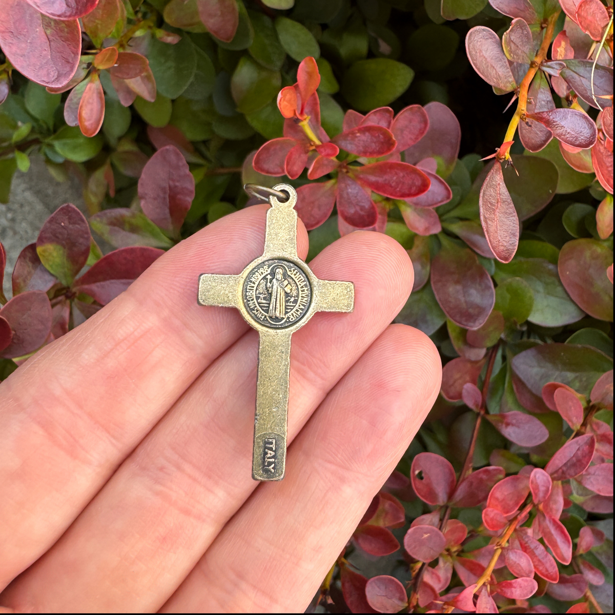 Two Tone Bronze and Silver St Benedict Crucifix Pendant, 2.5mm thick x 40mm long