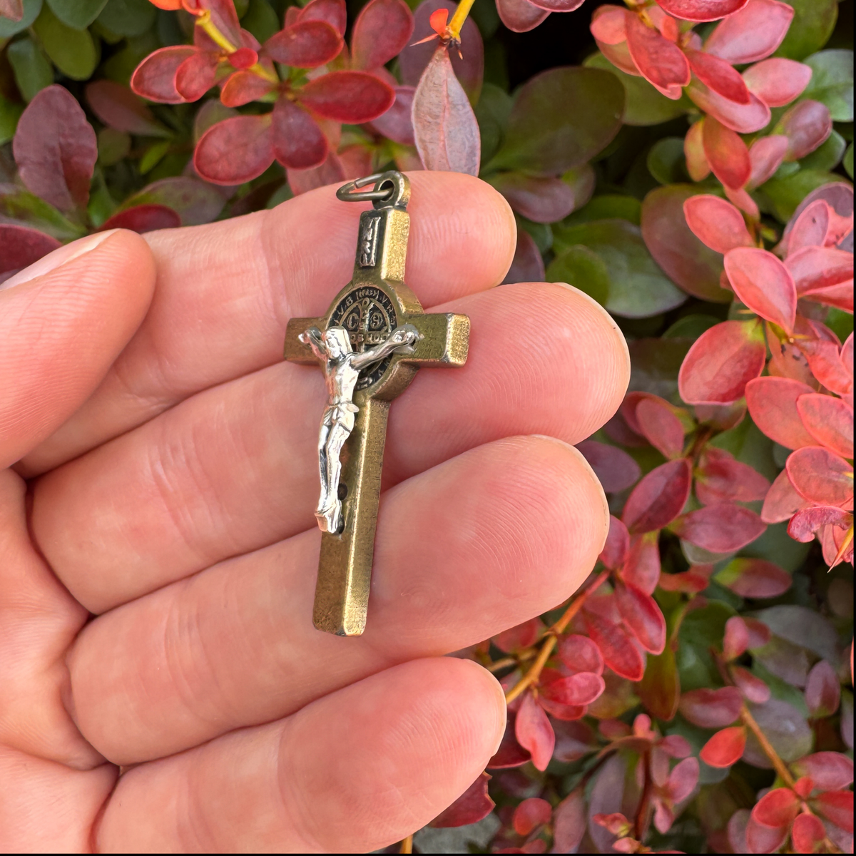 Two Tone Bronze and Silver St Benedict Crucifix Pendant, 2.5mm thick x 40mm long