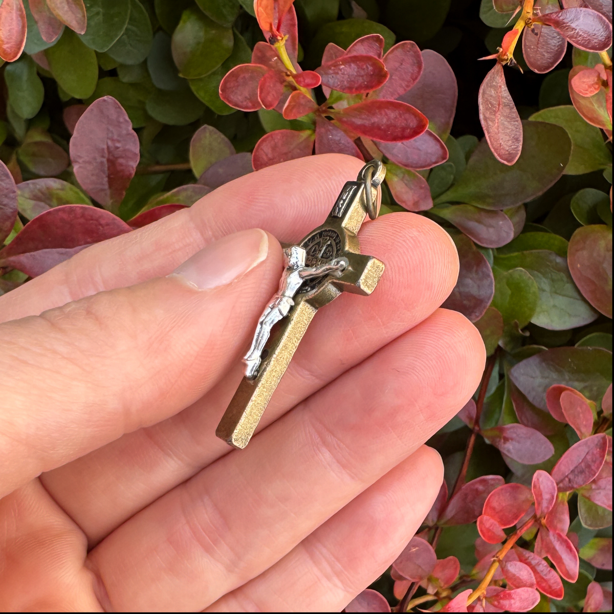 Two Tone Bronze and Silver St Benedict Crucifix Pendant, 2.5mm thick x 40mm long