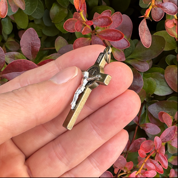 Two Tone Bronze and Silver St Benedict Crucifix Pendant, 2.5mm thick x 40mm long