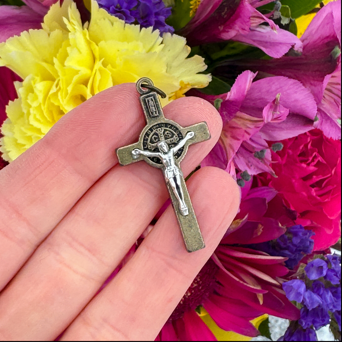 Two Tone Bronze and Silver St Benedict Crucifix Pendant, 2.5mm thick x 40mm long