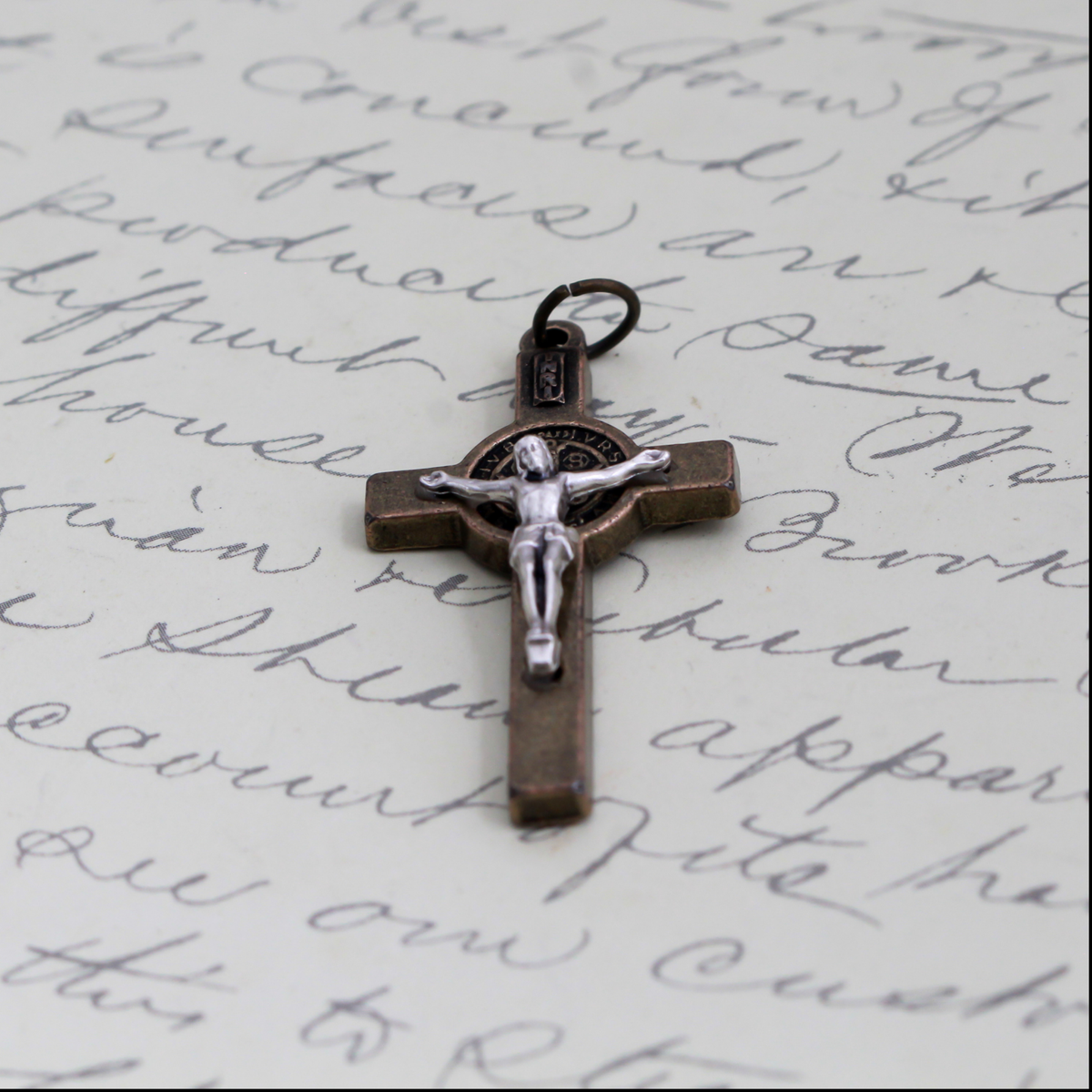 Two Tone Bronze and Silver St Benedict Crucifix Pendant, 2.5mm thick x 40mm long