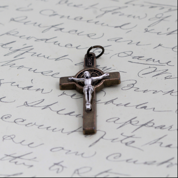 Two Tone Bronze and Silver St Benedict Crucifix Pendant, 2.5mm thick x 40mm long