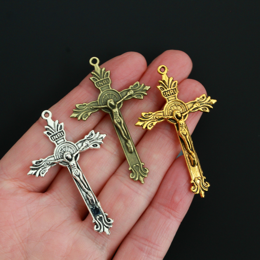 Ornate Crucifix Crosses Double Sided, 50mm Long - Available in Antique Silver, Bronze, Gold - Sold in packs of 5pcs
