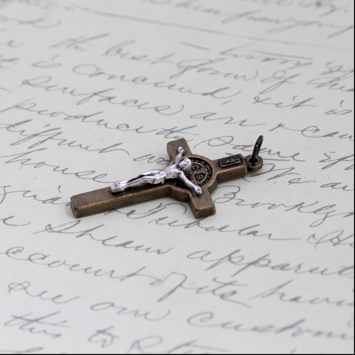 Two Tone Bronze and Silver St Benedict Crucifix Pendant, 2.5mm thick x 40mm long