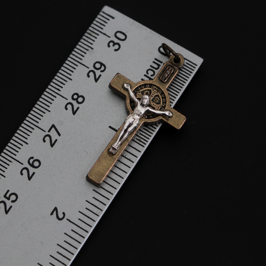 Two Tone Bronze and Silver St Benedict Crucifix Pendant, 2.5mm thick x 40mm long