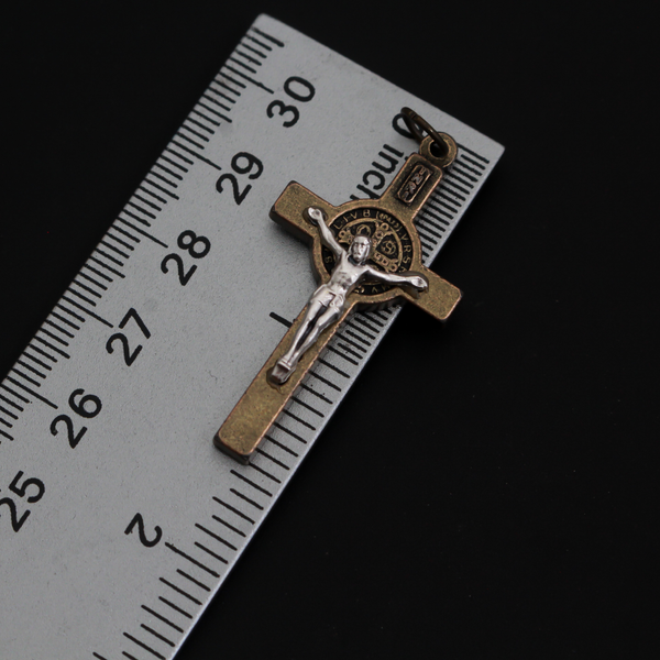 Two Tone Bronze and Silver St Benedict Crucifix Pendant, 2.5mm thick x 40mm long
