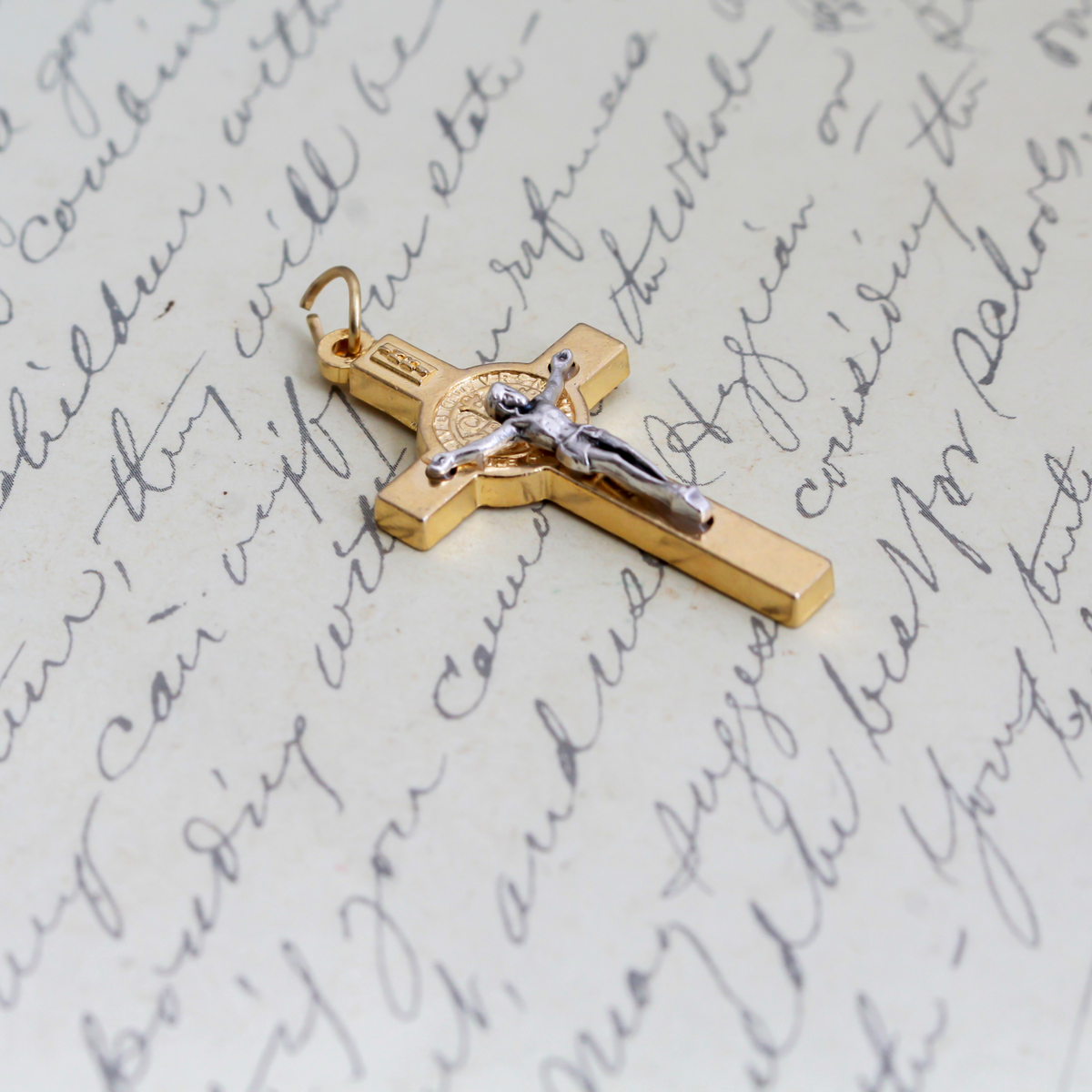 Two Tone Gold and Silver St Benedict Crucifix Pendant, 2.5mm thick x 40mm long