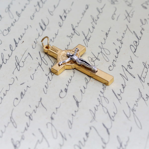 Two Tone Gold and Silver St Benedict Crucifix Pendant, 2.5mm thick x 40mm long