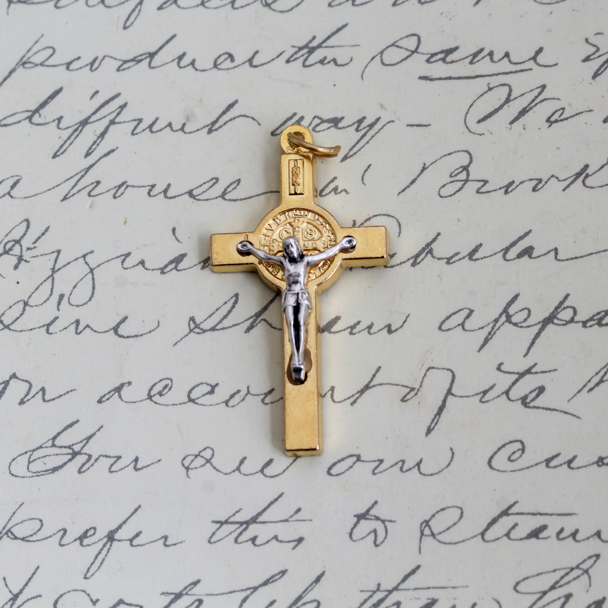 Two Tone Gold and Silver St Benedict Crucifix Pendant, 2.5mm thick x 40mm long