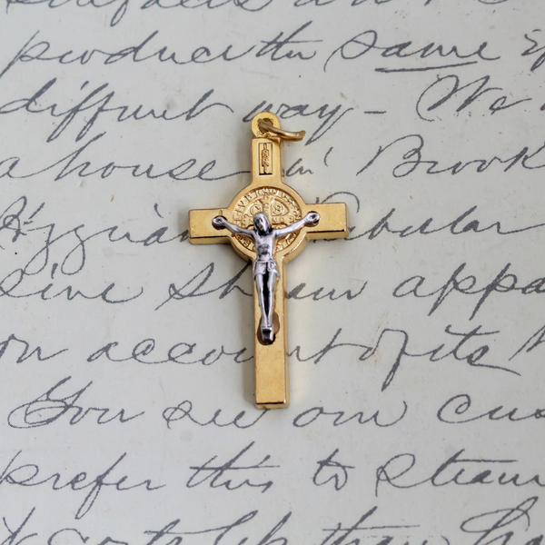 Two Tone Gold and Silver St Benedict Crucifix Pendant, 2.5mm thick x 40mm long