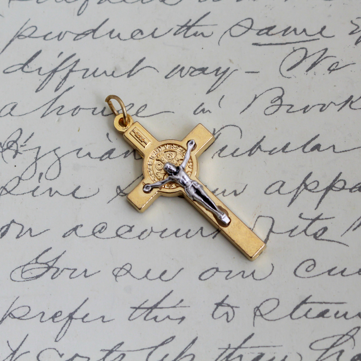 Two Tone Gold and Silver St Benedict Crucifix Pendant, 2.5mm thick x 40mm long